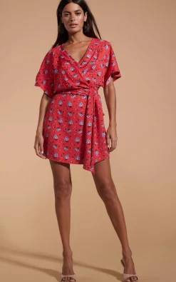 Kansas Mini Wrap Dress In Red Daisy