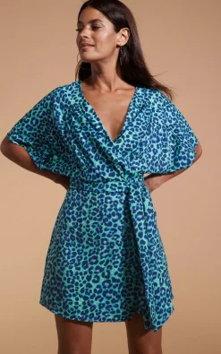 Kansas Mini Wrap Dress In Turquoise Leopard
