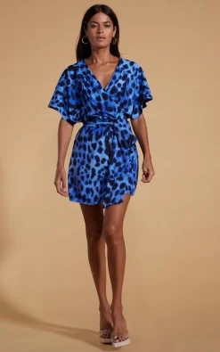Kansas Mini Wrap Dress In Bright Blue Leopard