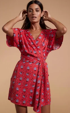 Kansas Mini Wrap Dress In Red Daisy