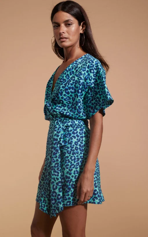 Kansas Mini Wrap Dress In Turquoise Leopard