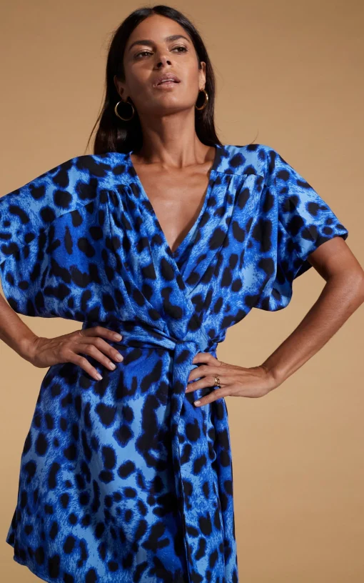 Kansas Mini Wrap Dress In Bright Blue Leopard