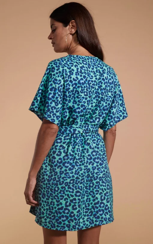 Kansas Mini Wrap Dress In Turquoise Leopard