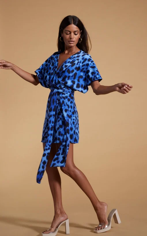 Kansas Mini Wrap Dress In Bright Blue Leopard