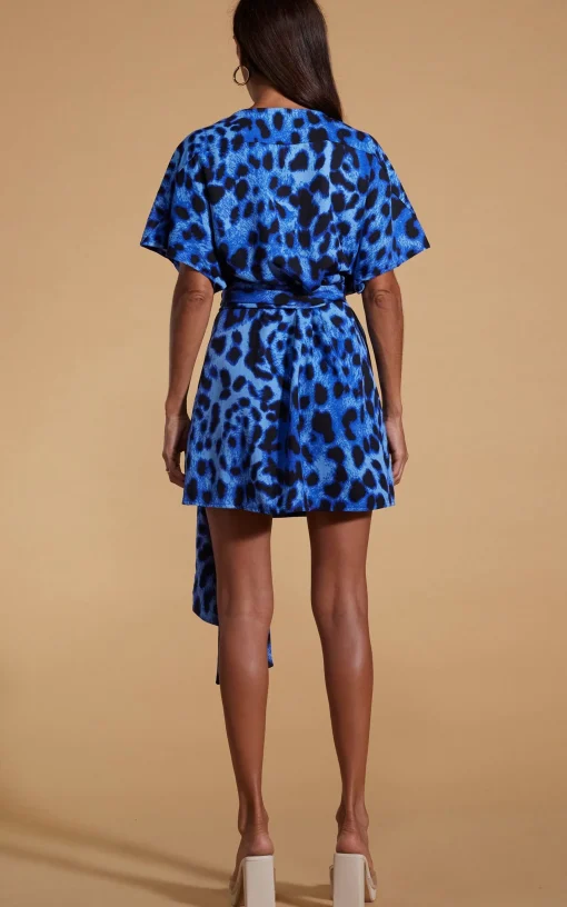 Kansas Mini Wrap Dress In Bright Blue Leopard
