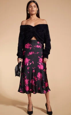 Lotus Skirt In Pink On Black Floral
