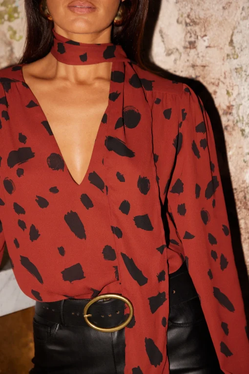 Lyma (Multi-Way) Tie Neck Top In Abstract Dot Black On Rust