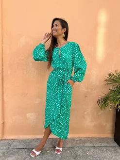 Mabel Midaxi Mock Wrap Dress In Odd Dot White On Sea Green