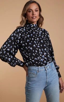 Margo Pintuck Blouse In Abstract White On Black Leopard