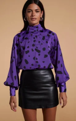Margo Pintuck Blouse In Abstract Dot Black On Purple