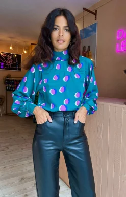 Margo Pintuck Blouse In Polka Dot Purple On Green