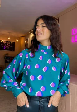 Margo Pintuck Blouse In Polka Dot Purple On Green
