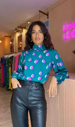 Margo Pintuck Blouse In Polka Dot Purple On Green