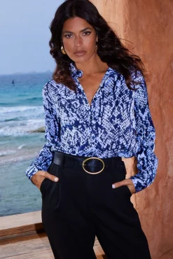 Nevada Satin Shirt In Blue On Black Snake