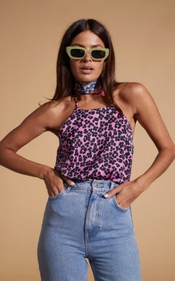 Nina Halter Cami Top In Black On Pink Leopard