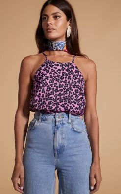 Nina Halter Cami Top In Black On Pink Leopard