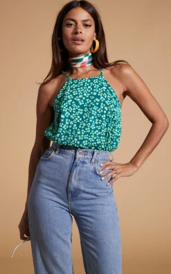 Nina Halter Cami Top In Green On Green Leopard
