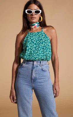 Nina Halter Cami Top In Green On Green Leopard