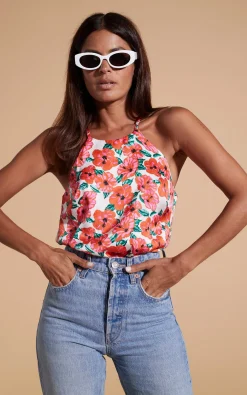 Nina Halter Cami Top In Hibiscus Red Orange On White