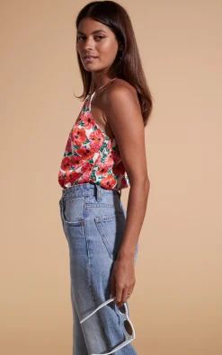 Nina Halter Cami Top In Hibiscus Red Orange On White