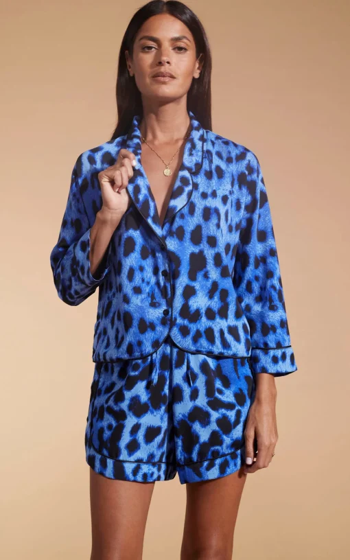 Oona Shortie Pj Set In Bright Blue Leopard