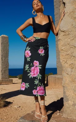Renzo Midi Slip Skirt In Pink Peony