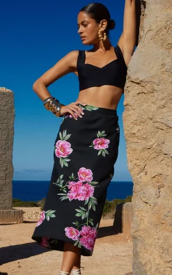 Renzo Midi Slip Skirt In Pink Peony