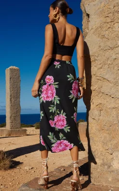 Renzo Midi Slip Skirt In Pink Peony