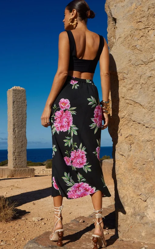 Renzo Midi Slip Skirt In Pink Peony
