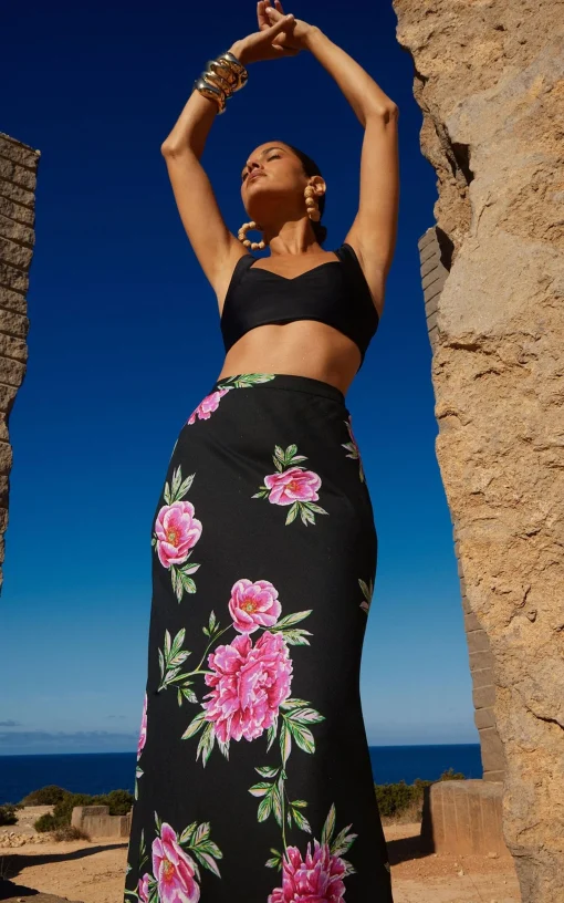 Renzo Midi Slip Skirt In Pink Peony