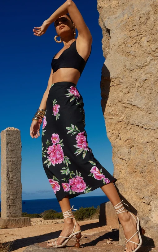 Renzo Midi Slip Skirt In Pink Peony