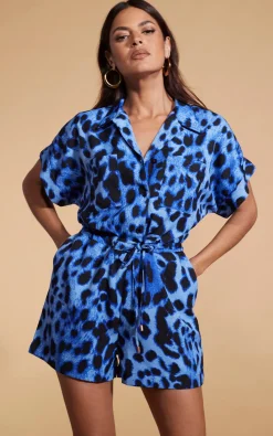 Rizzo Playsuit In Bright Blue Leopard