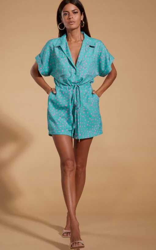 Rizzo Shirt Playsuit In Abstract Pink On Sea Green