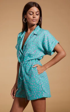 Rizzo Shirt Playsuit In Abstract Pink On Sea Green
