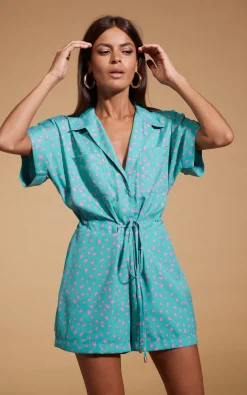 Rizzo Shirt Playsuit In Abstract Pink On Sea Green