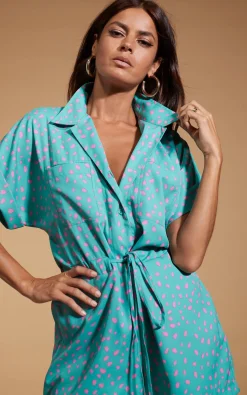 Rizzo Shirt Playsuit In Abstract Pink On Sea Green