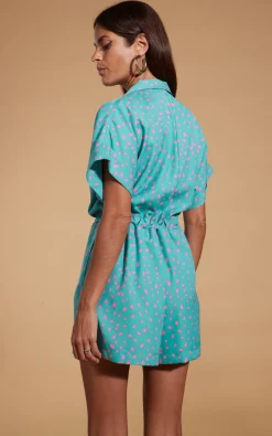 Rizzo Shirt Playsuit In Abstract Pink On Sea Green