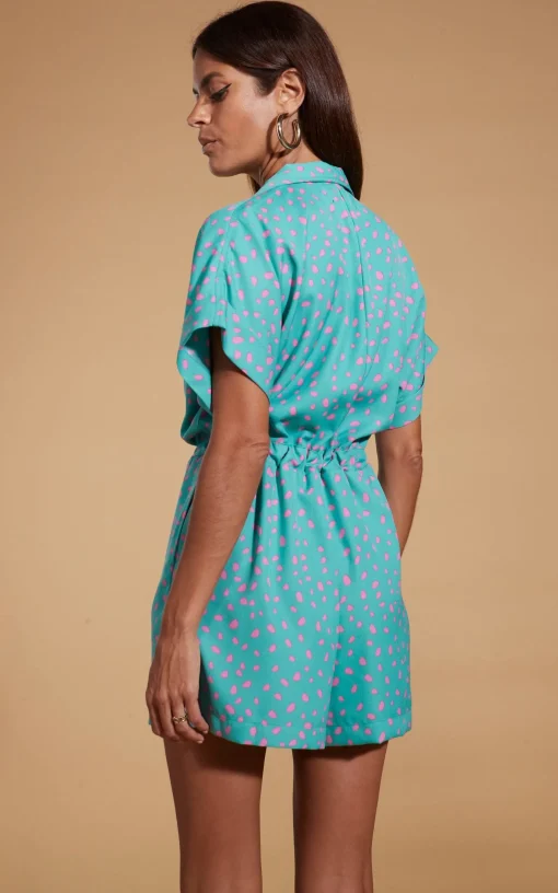 Rizzo Shirt Playsuit In Abstract Pink On Sea Green