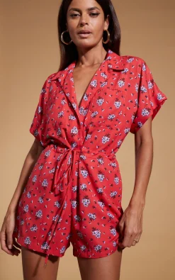 Rizzo Shirt Playsuit In Red Daisy