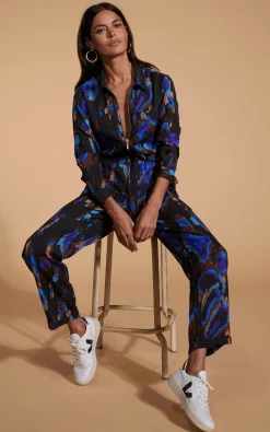 Roxanna Zip Jumpsuit In Camo Abstract Blue On Black