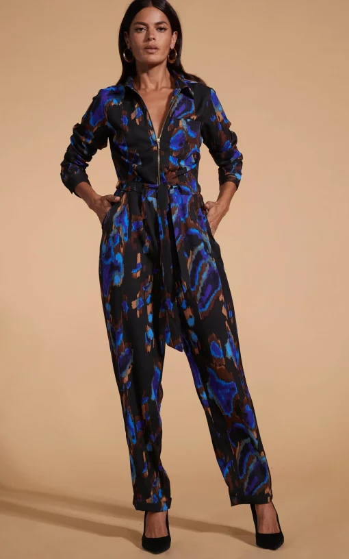 Roxanna Zip Jumpsuit In Camo Abstract Blue On Black