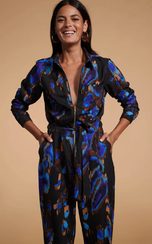 Roxanna Zip Jumpsuit In Camo Abstract Blue On Black