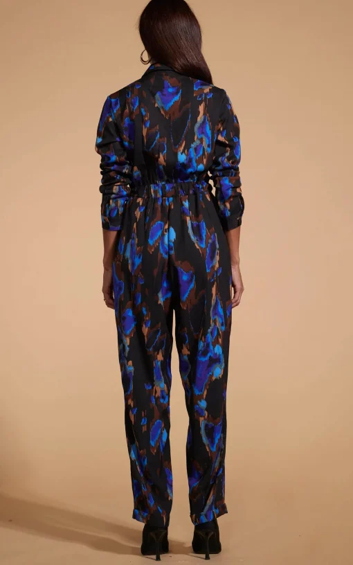 Roxanna Zip Jumpsuit In Camo Abstract Blue On Black