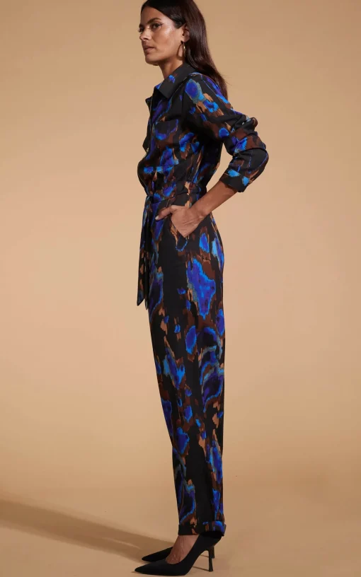 Roxanna Zip Jumpsuit In Camo Abstract Blue On Black