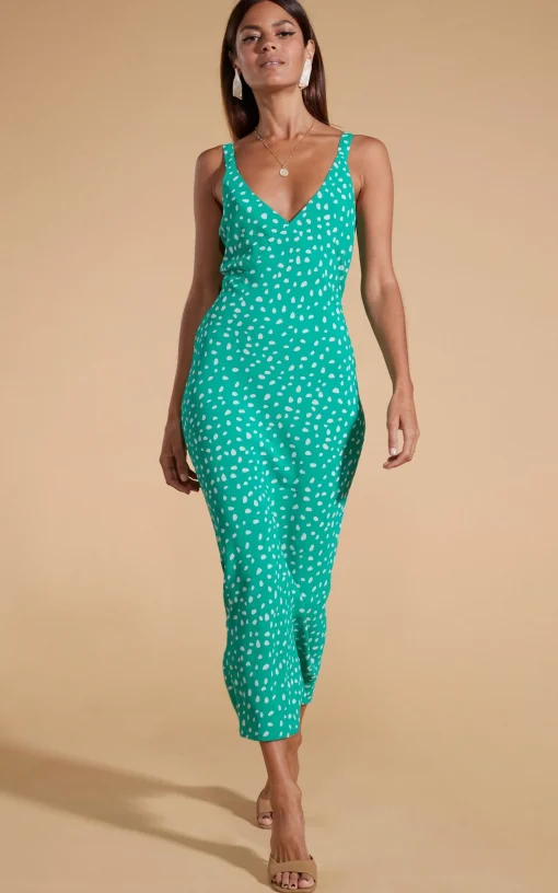 Sabrina Midaxi Dress In Odd Dot White On Sea Green