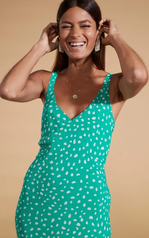 Sabrina Midaxi Dress In Odd Dot White On Sea Green