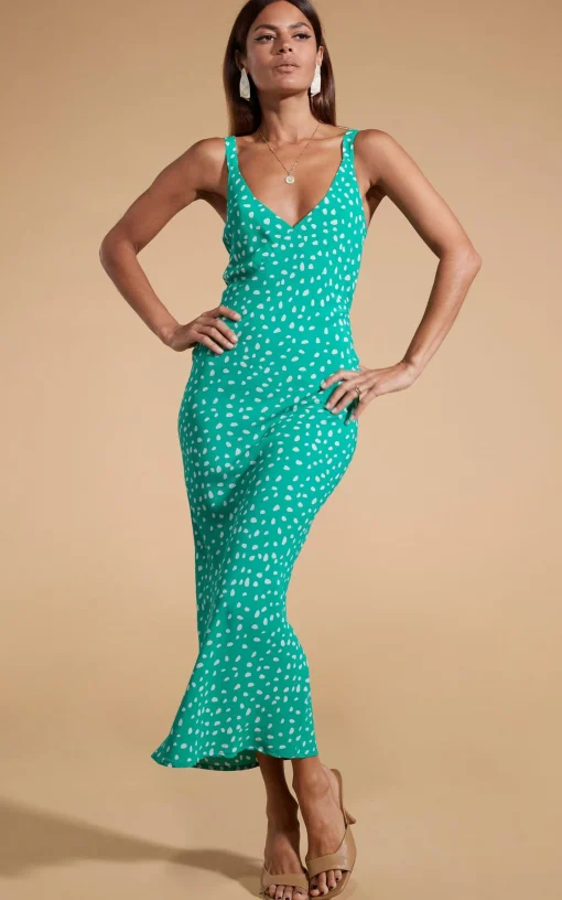 Sabrina Midaxi Dress In Odd Dot White On Sea Green