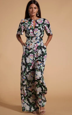 Savannah Jumpsuit In White On Black Floral