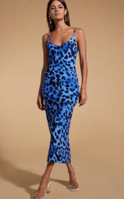 Sienna Midaxi Slip Dress In Bright Blue Leopard