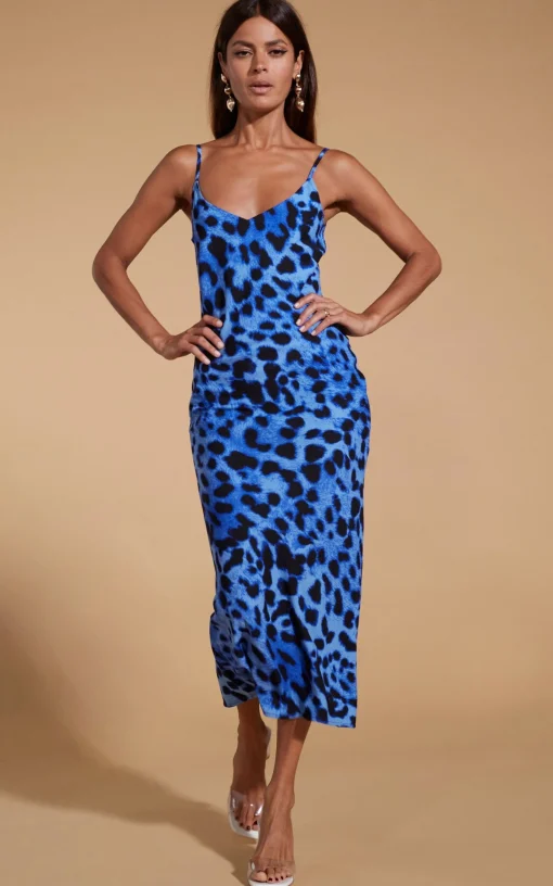Sienna Midaxi Slip Dress In Bright Blue Leopard